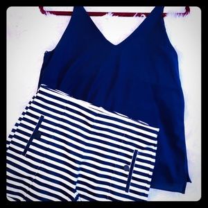 Navy blue top and navy blue striped shorts outfit